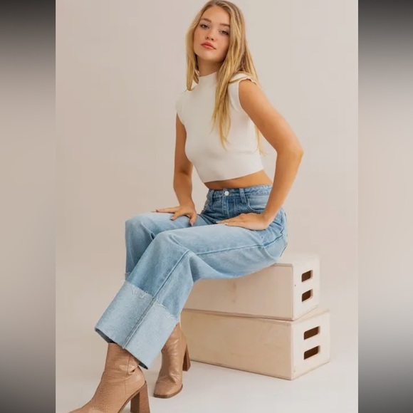 Denim - BOUTIQUE High Waist Wide Leg Cuff Jeans